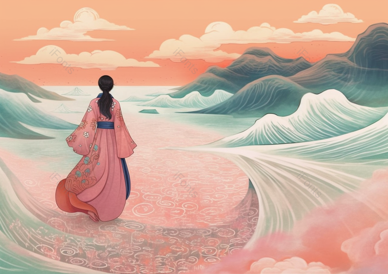 中国国潮国风新中式祥云山峰水纹古代汉服少女眺望远方的背面插画,插画/手绘图,插画/手绘图库,插画/手绘图下载,插画/手绘